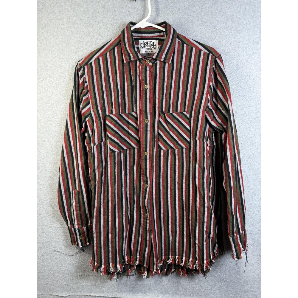 ONE24 Rags Shirt Mens Medium Multicolor Striped Fringe Hem Long Sleeve Boho